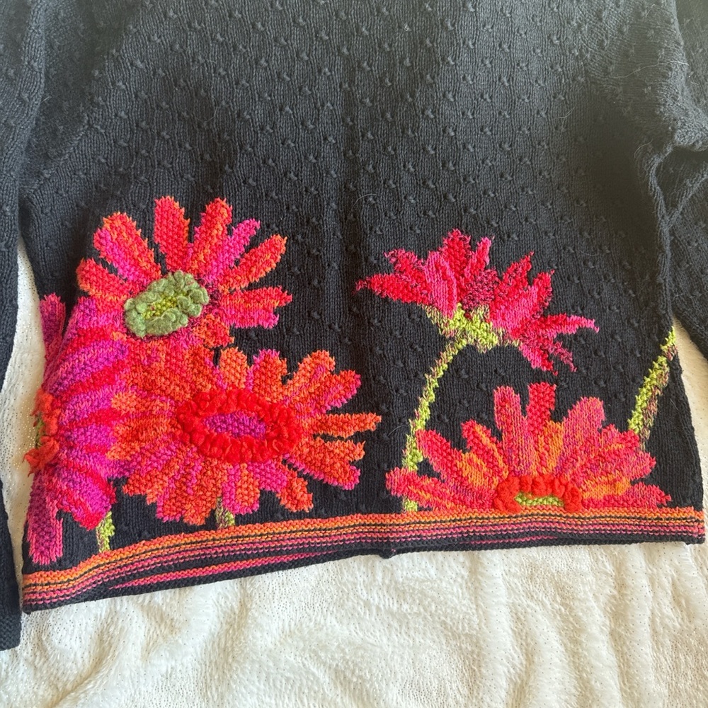 Eileen Fisher Black Cardigan with Pink Floral Design - Picture 4 of 7